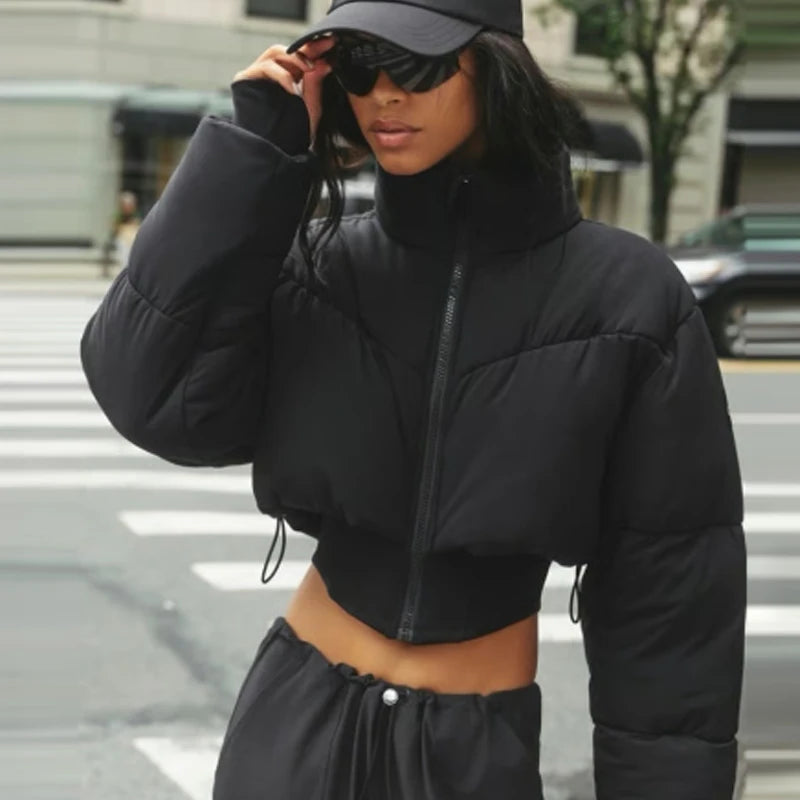 HXAO Black Lightweight Padded Jackets Women's Jacket Winter Crop High Neck Long Sleeve Quilted Jacket Woman Insulated Outerwears