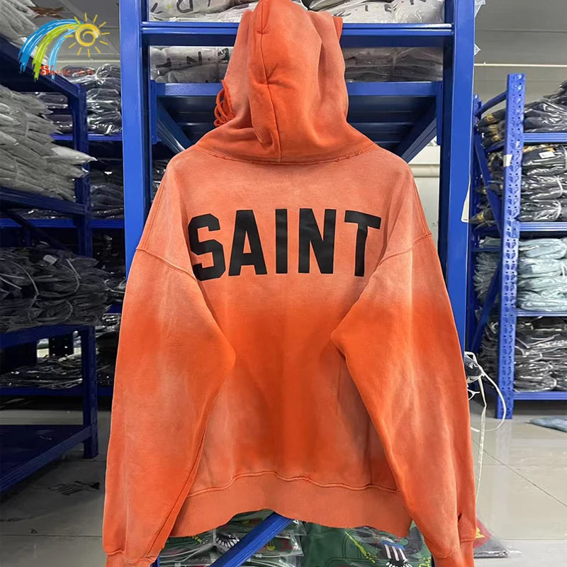 Simple Classic Letters Logo Print Orange Saint Hoodie Hooded Men Women Streetwear Vintage Washed Damaged Hole Pullovers - ATFH
