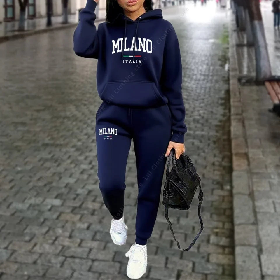 Women's Tracksuit Hoodies Pants Fall Winter Matching Set Athleisure MLANO Letter Print Fleece 2 Piece Sweatpants Set for Woman