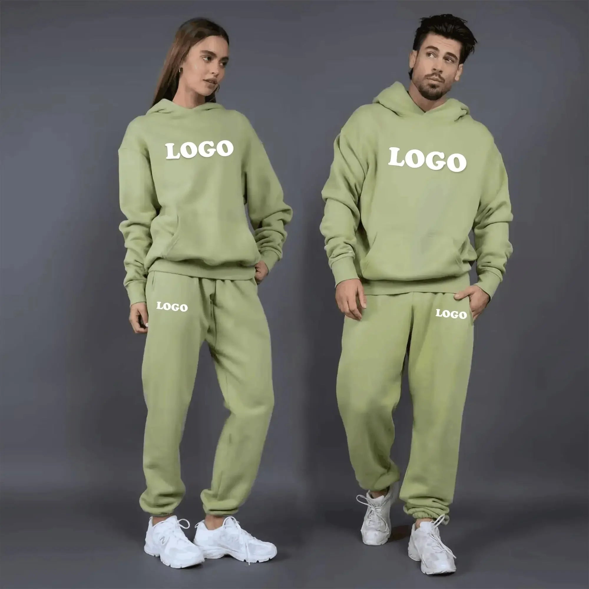 Custom logo autumn and winter cotton 60% polyester 40% plush and thickened men's and women's loose hooded sweater two-piece set ATFH