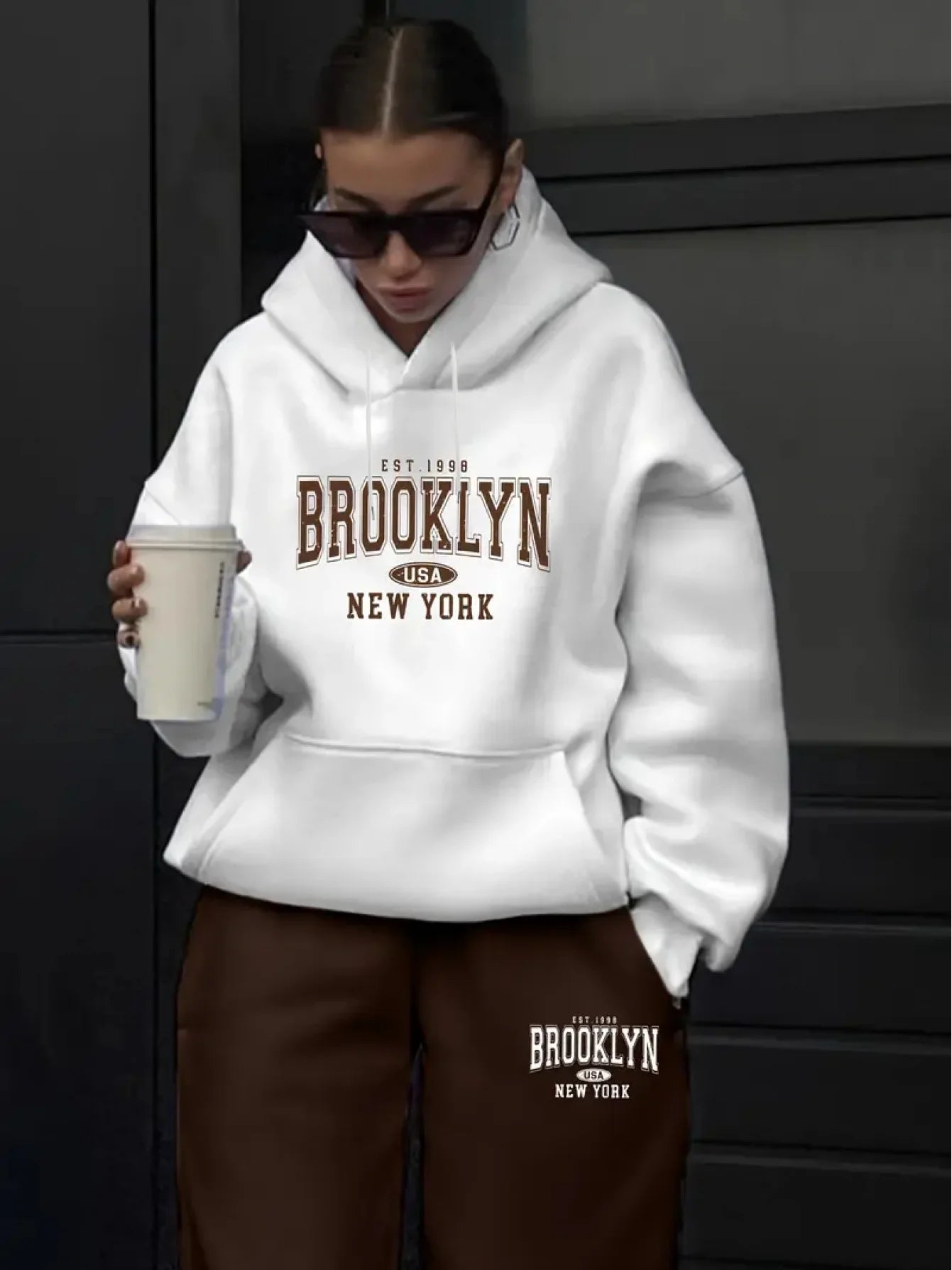 Women's autumn and winter hip-hop casual street heart-shaped printed round neck sports shirt+sports pants set warm clothing