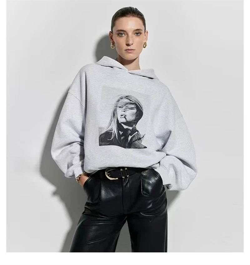 Autumn and Winter New Women's Beauty Graphic Print Hoodie long sleeve relaxed fit hoodie sweatshirt female grey - ATFH