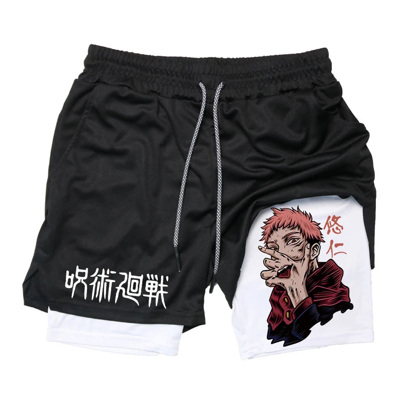 Anime Graphic 2 in 1 Compression Shorts for Men GymQuick Dry Activewear Workout Running with Phone Pockets Athletic