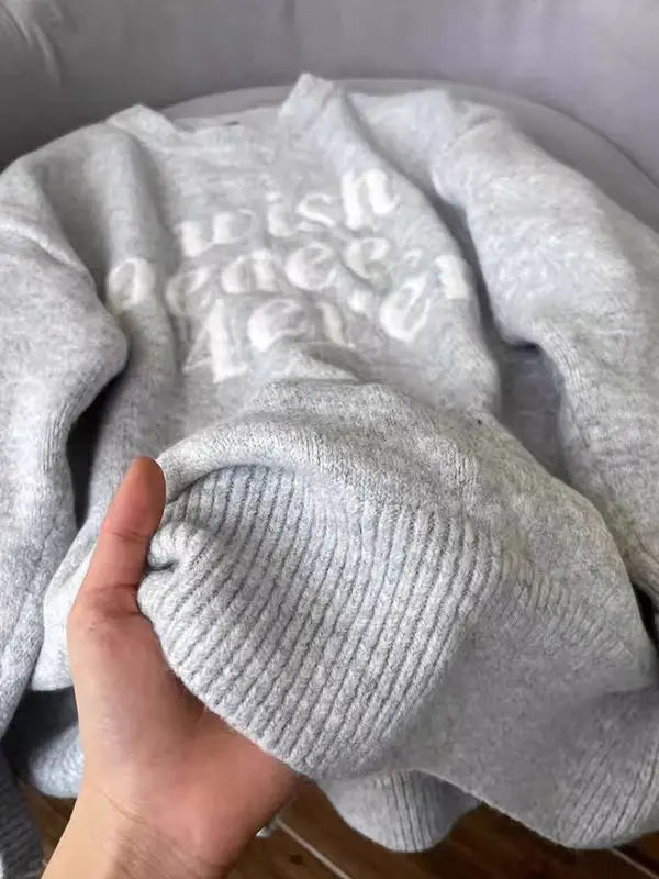 American Retro Pullover Sweater Letter Jacquard Gray Top Women Autumn Winter Round Neck Casual Simple Knitted Top - ATFH