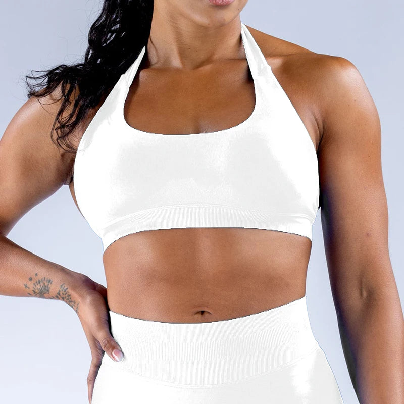 Impact Sports Bra Women Seamless Halter Neck Strap Yoga Bra With Padded Sexy Open Back Yoga Top Bra Medium Support Gym Crop Top - ATFH