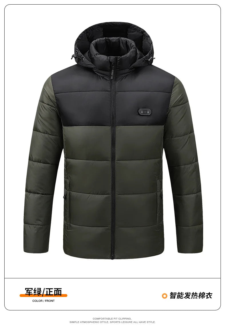 USB Heated Hooded Jacket Men 8 Heating Zones Dual Control 3 Gears Adjustable Washable Winter Warm Thermal Coat Outdoor Travel