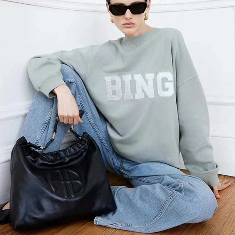 Autumn and winter BING embroidered patch fabric round neck pullover loose cotton sportswear sweatshirt for women - ATFH