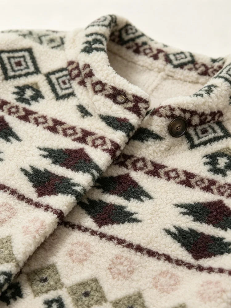 2026 New Women's Winter Fleece Jacket, Loose and Fitted, Soft and Warm, with Windproof and Anti-Pinch Design, Cream-Colored Aztec Geometric Print, Stand-Up Collar with Button Closure, a Rural Style Daily Winter Outfit Jacket