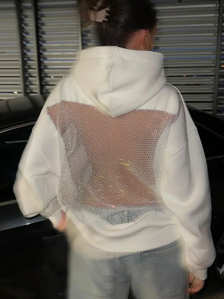 Weird Puss Harajuku Hooded Sweatshirt Women Autumn Trend Backless Glitter Mesh Patchwork Casual Streetwear Hipster Pulloverr - ATFH