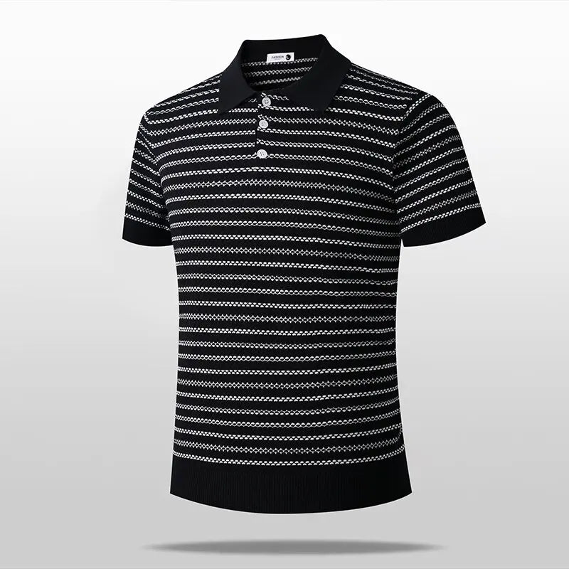 New Summer Fashion Trendy Ice Silk Breathable Striped Polo Shirt Men's Casual Loose Sports High Quality Short Sleeve T-Shirt