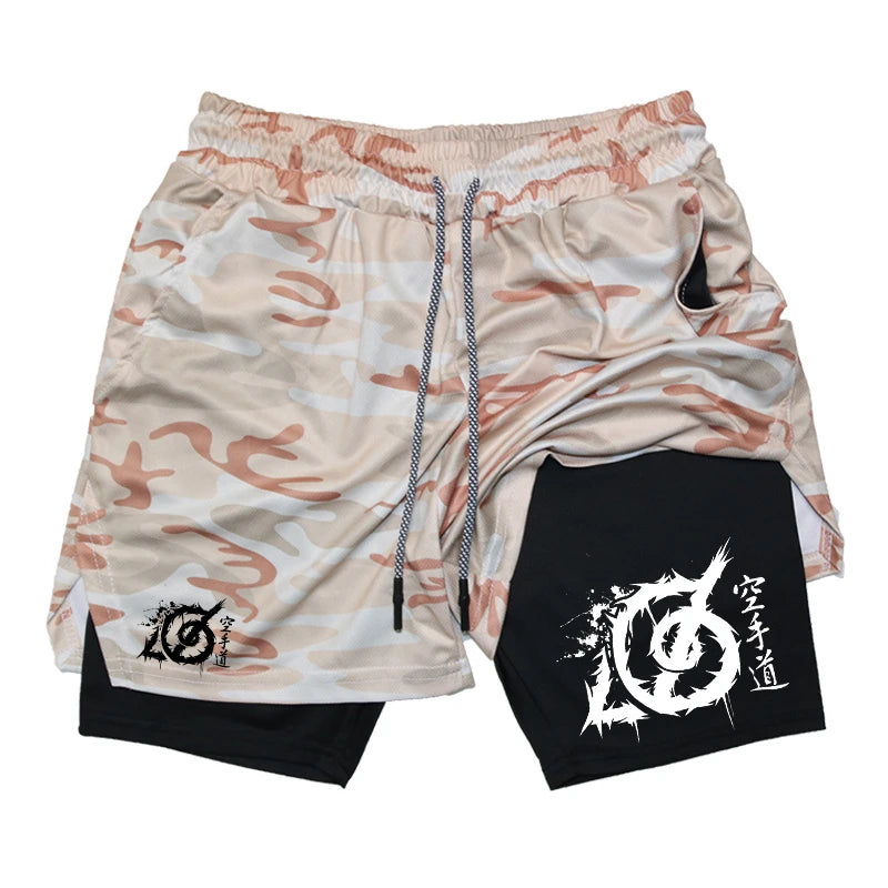 Karate Graphic 2 in 1 Workout Running Shorts for Men Gym Athletic Sport with Compression Liner Phone Pocket Towel Loop