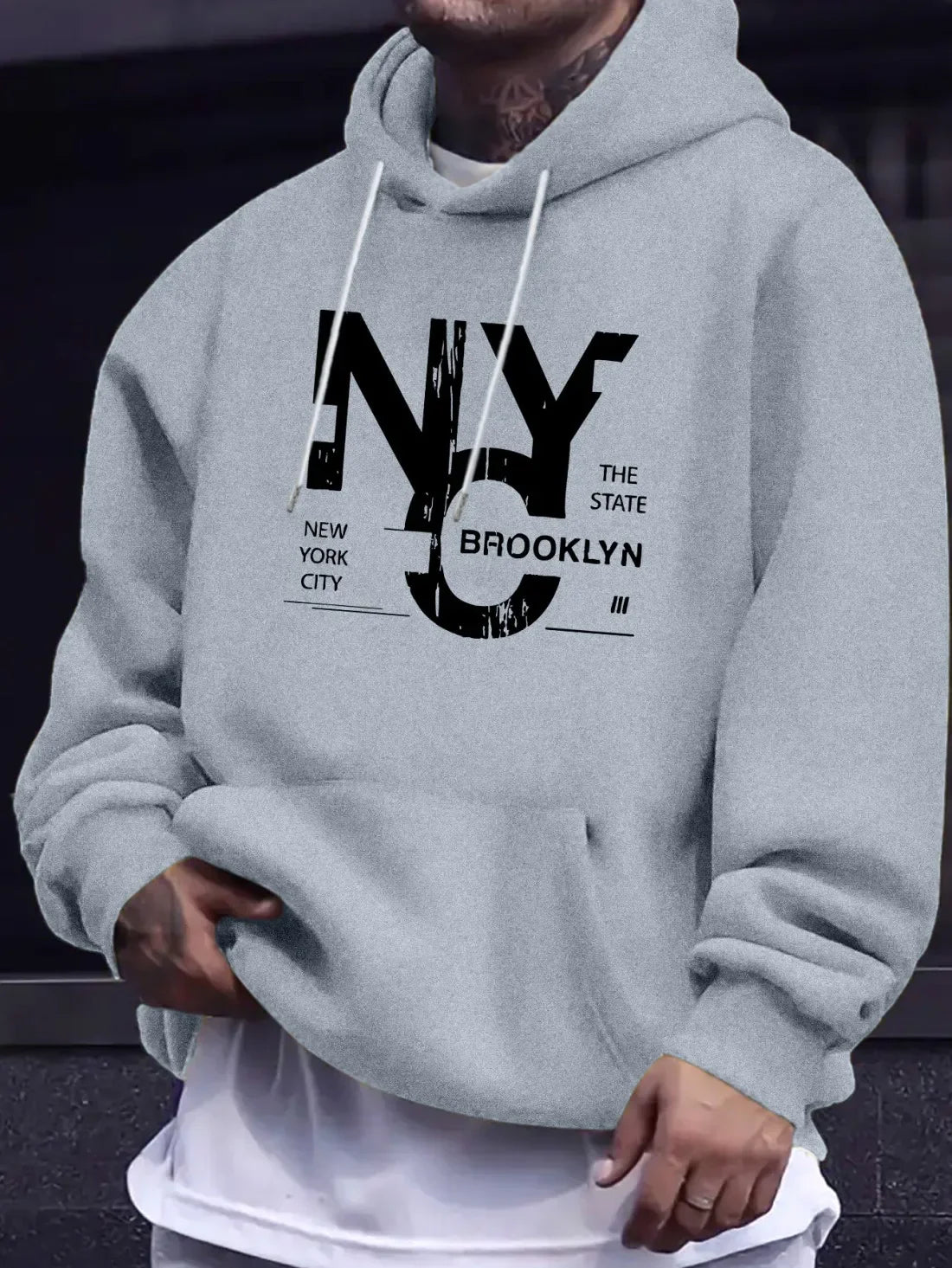 Men Oversized Hoodie Autumn Winter Fleece Lined Sweatshirt, NYC Brooklyn Urban Street Graphic Hooded Sweatshirt