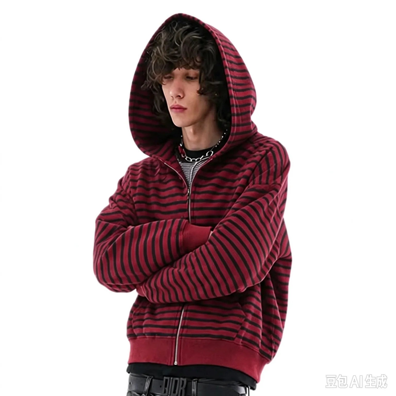 Unisex Striped Cropped Zip Up Hoodie Vintage Loose Horizontal Stripe Full Zip Hooded Jackets Autumn Casual Daily Streetwear Tops