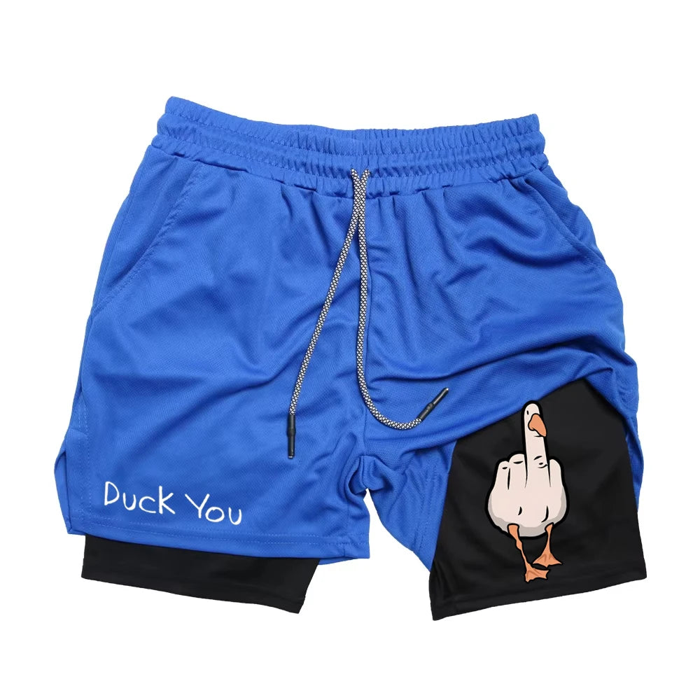 Cartoon Duck Print Men's Shorts Summer Double Layer Letter Print  Quick Drying Pants Fitness Tracksuit Beach Short Pants RL0358