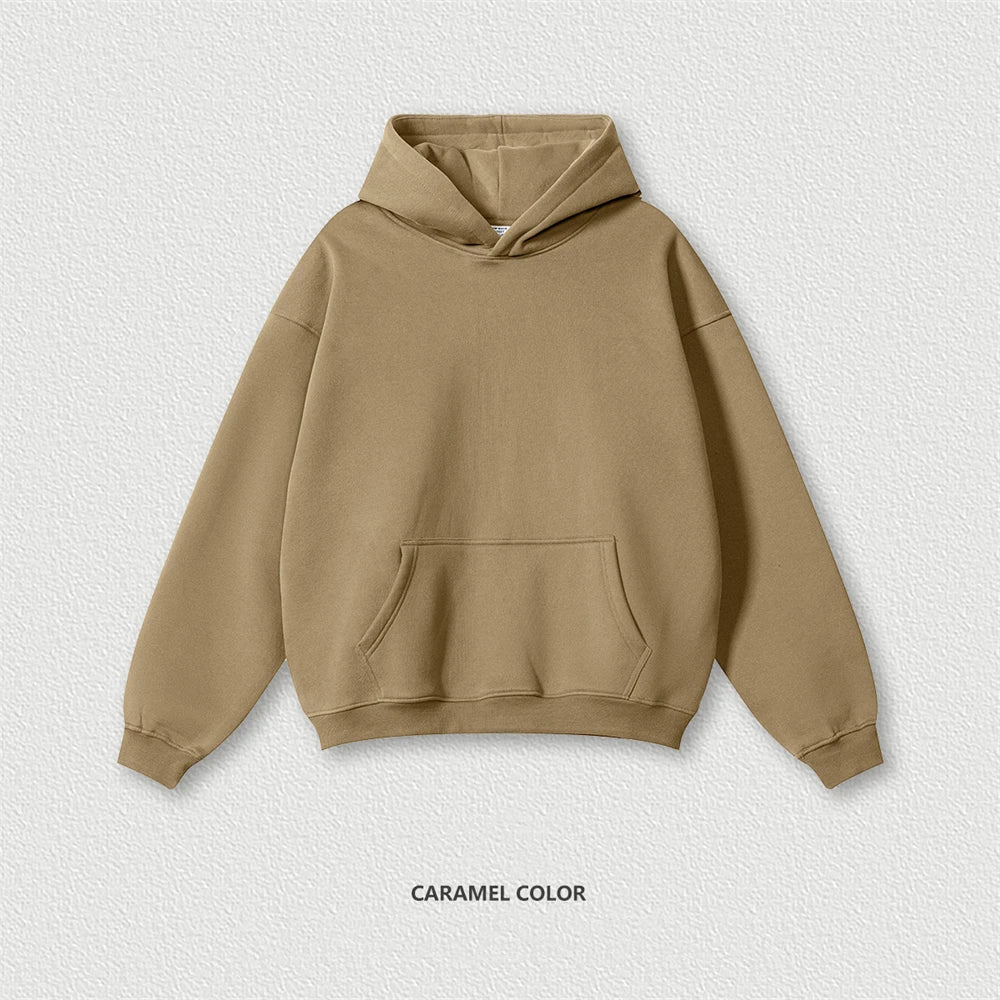 Autumn Winter Men 345gsm Fleece Hoodies Unisex Women Relax Fit Warm Solid Hooded Pullovers Sweatshirts HY0863 - ATFH