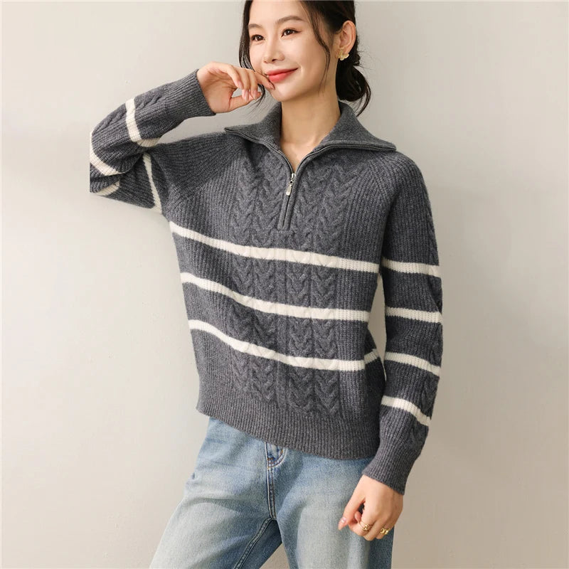 2025 New Women's Heavyweight Zipper High-Neck Sweater 100% Merino Wool Striped Pullover Long Sleeve Loose-Fit Warm Smart - ATFH