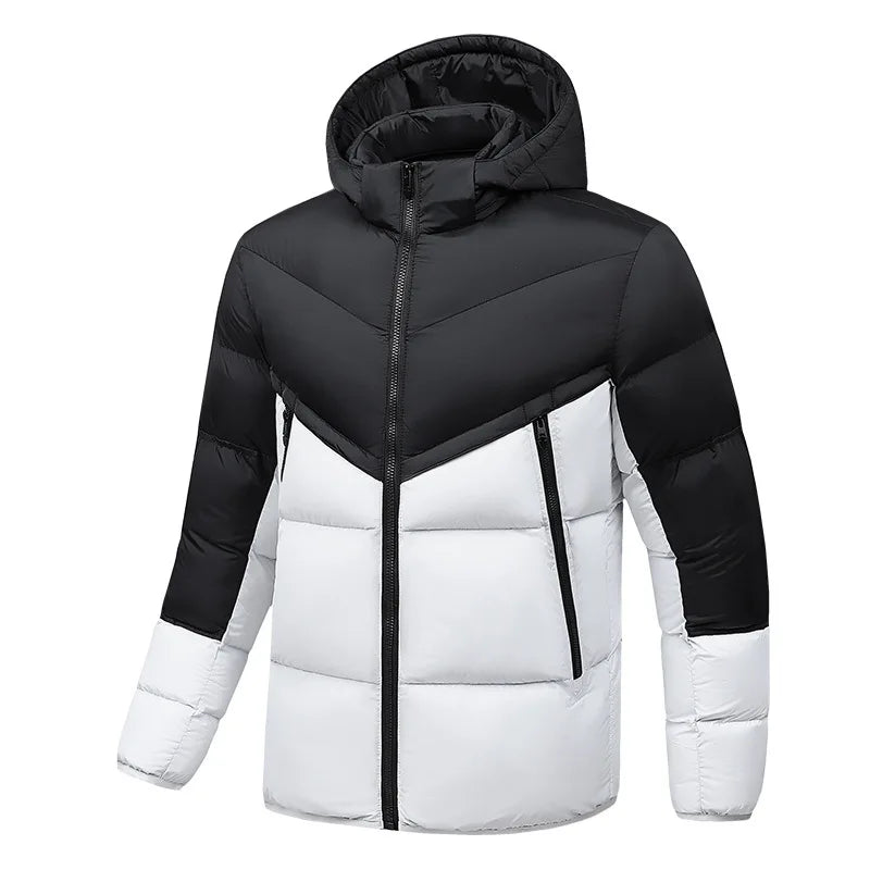 KIDWHXR Man Hooded Parkas Coat Fshion Contrast Color Male Jacket Thicken Warm Slim Long Sleeve Lightweight Men Casual Outerwear