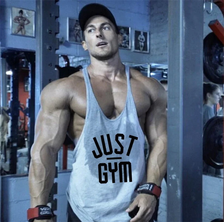 Stringer tank top gray with Just Gym print for bodybuilding workouts