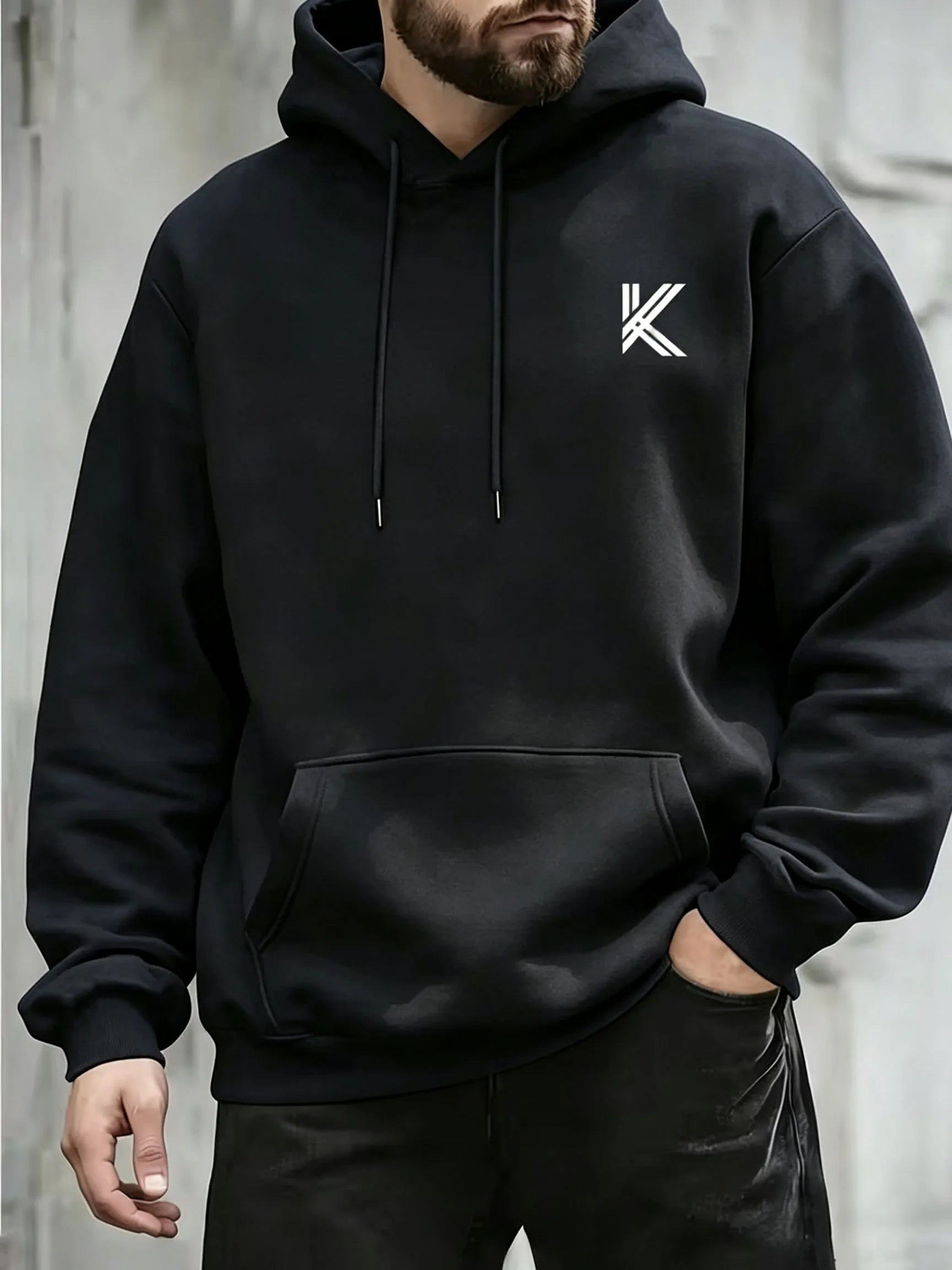 Autumn Winter Men Women Loose Hooded Sweatshirt Simple K Letter Chest Print Long Sleeve Pocket Hoodie Daily Streetwear Pullover