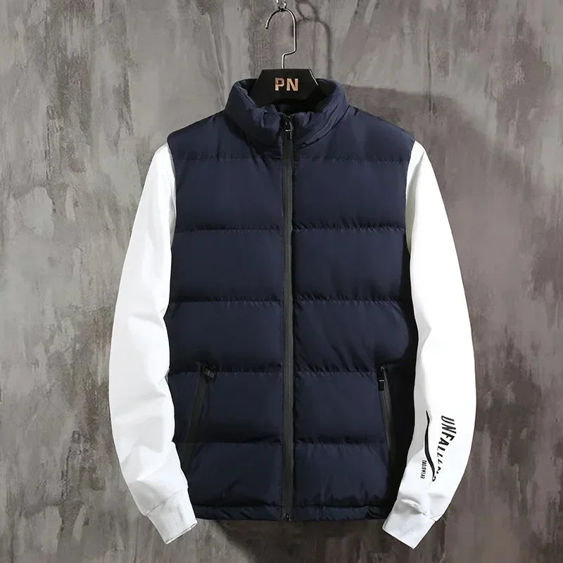 New Vest Men Winter Thick Cotton-Padded Stand Collar Vests Solid Sleeveless Zipper Jacket Male Warm Waistcoat Gilet Veste Hommes