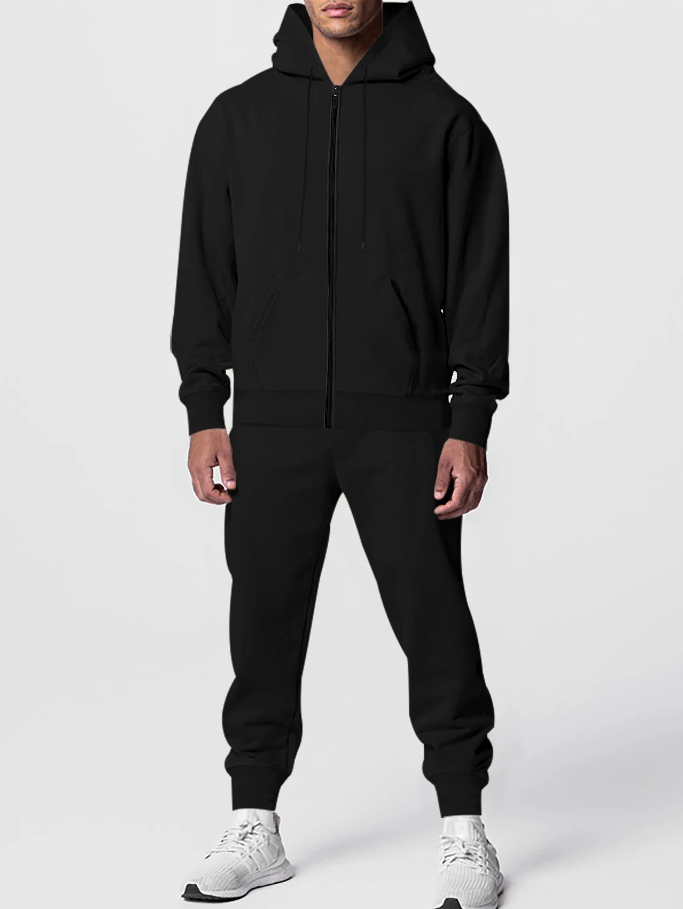 Autumn and winter men's solid color long-sleeved trousers hooded sports casual fleece suit warm and comfortable men's clothing - ATFH