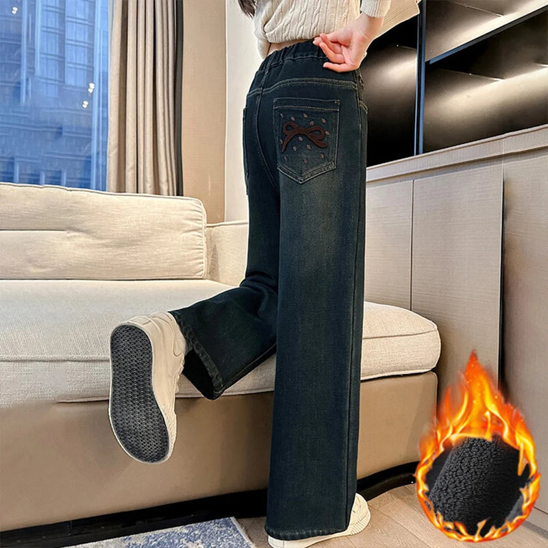 Girls Autumn Winter Plush Warm Denim Straight-leg Pants 5-14 Years Kids Fashion Bowknot Embroidery Jeans Casual Loose Sweatpants ATFH