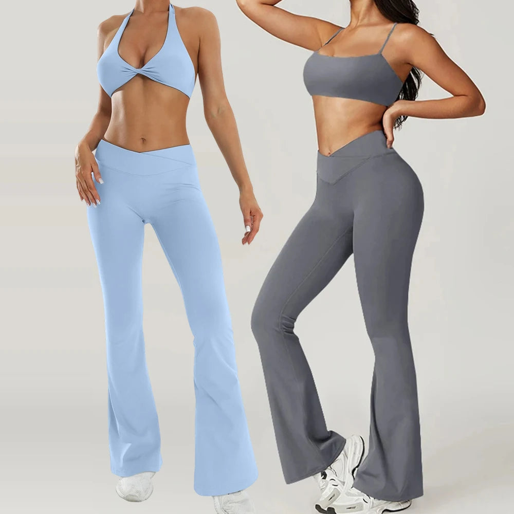 Gym Leggings Women High Waist Flared Pants Cross Waist Sport Tights Ladies Push Up Fitness Leggin Workout Clothes ATFH