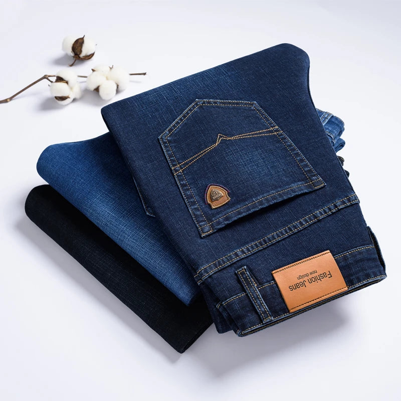 SHAN BAO 2022 autumn spring fitted straight stretch denim jeans classic style badge youth men's business casual jeans trousers ATFH