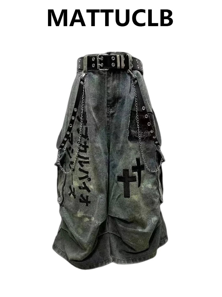 Summer Women Goblin Core Cross Denim Jorts Shorts Y2k Calf-Length Jean Pants Trashy Y2K Abi Japanese Cyber Punk Grunge Unisex ATFH