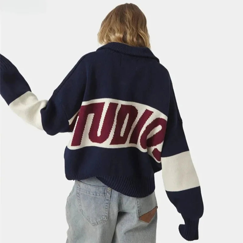 Retro Harajuku Spliced zipper Knit Sweater New Fashionable Casual Sweater Men American Y2k Letter Embroidery Clothing Women - ATFH