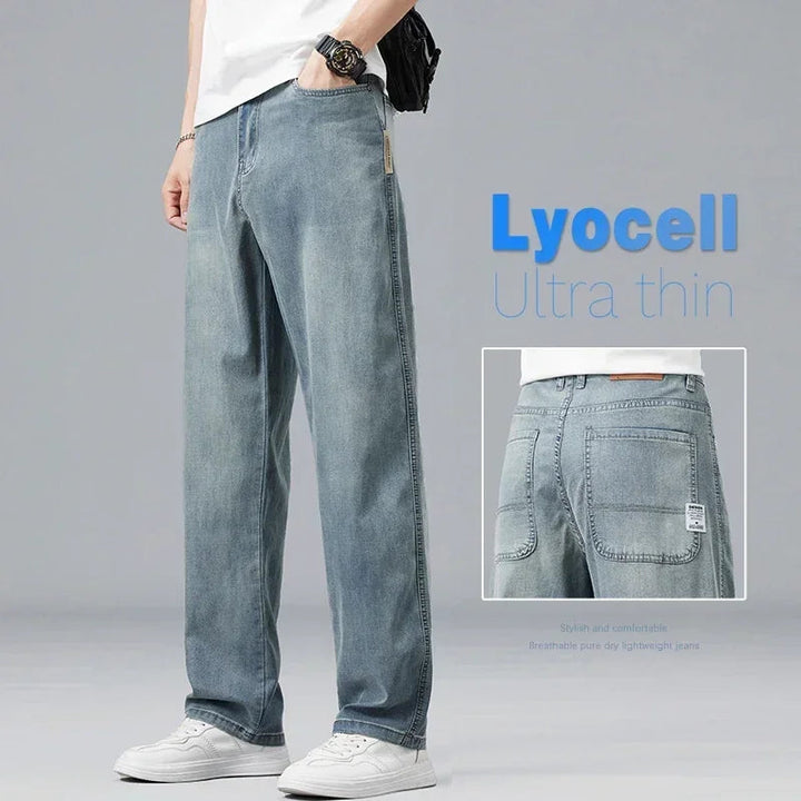 2026 New Summer Ultra-thin Lyocell Men's Jeans Drape Soft Fabric Loose Straight Casual Denim Pant Elastic Ice Silk Male Trousers ATFH