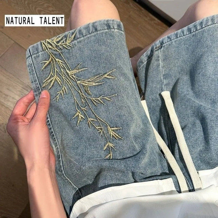 Men's 2026 Summer Retro Washed New Chinese Style Embroidered Denim Shorts Thin Loose Plus Size Streetwear 5-Pocket Capri Pants ATFH