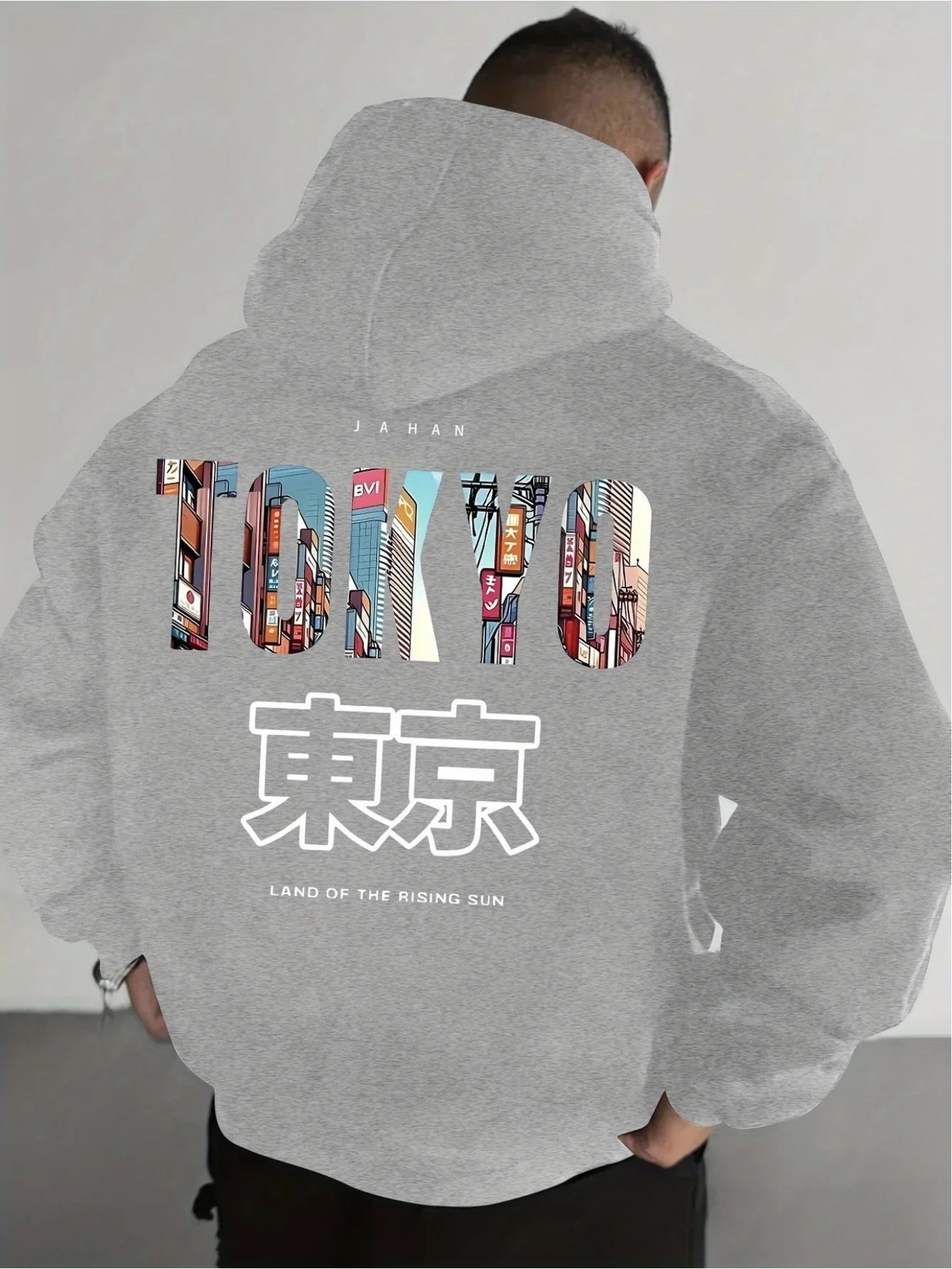Men's casual printed hoodie regular fit, Japanese Tokyo minimalistic print fashion long-sleeve fleece pullover