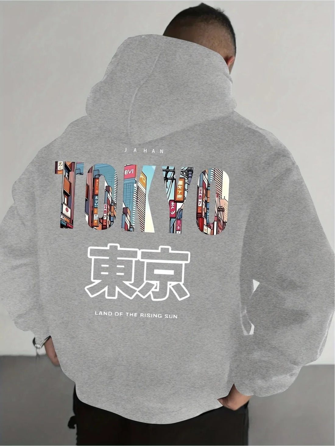 Men's casual printed hoodie regular fit, Japanese Tokyo minimalistic print fashion long-sleeve fleece pullover