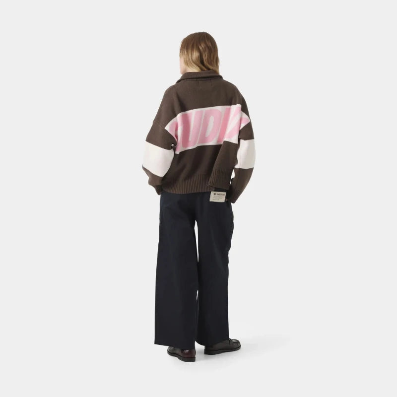 2026 Retro Spliced Zipper Knitted Sweater Women Fashion Stand Collar Long Sleeve Loose Short Cardigan Lady Y2k Letter Knitwear - ATFH