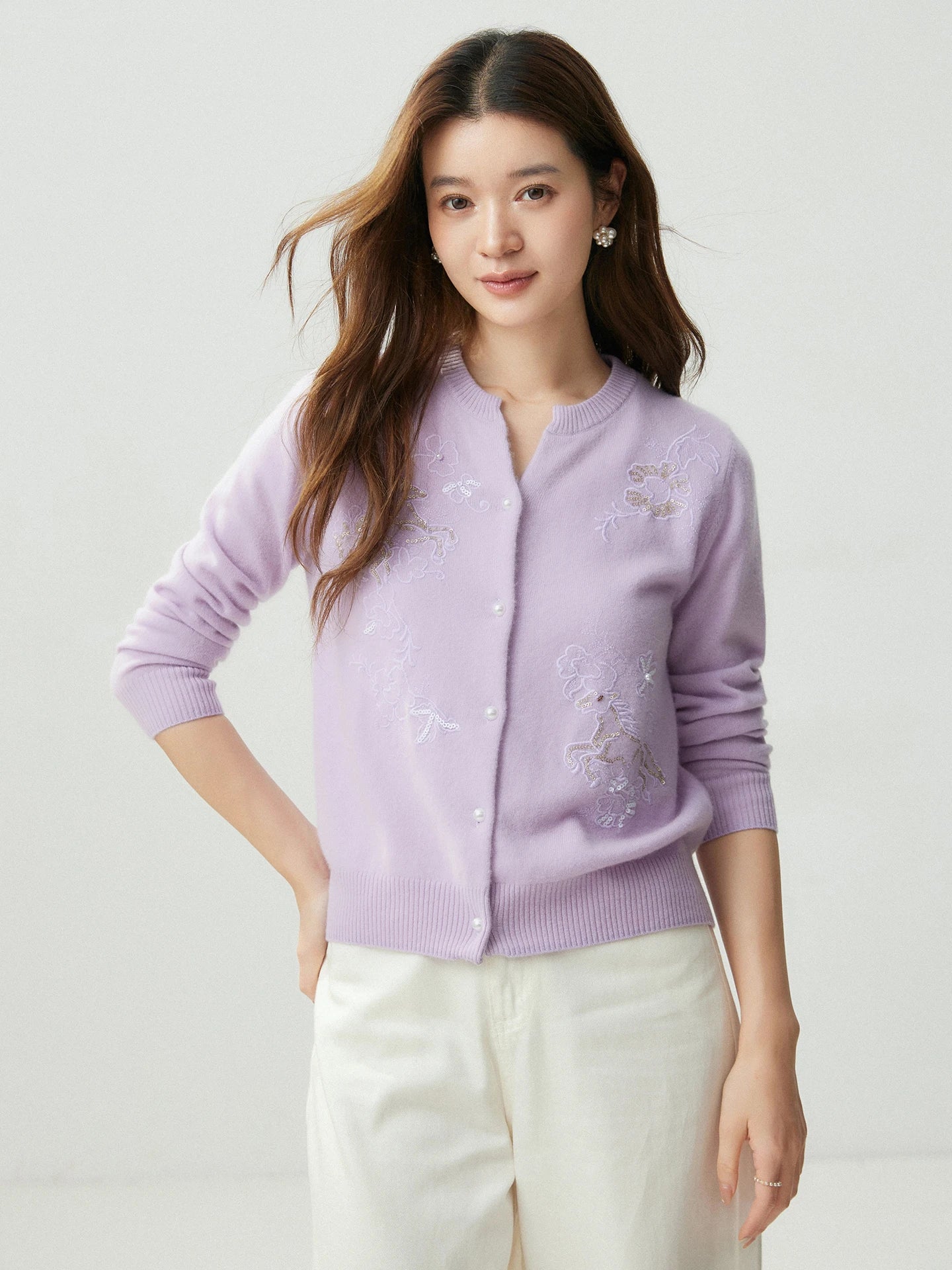 Delicate Notched Collar Autumn Winter Woman 100% Cashmere Mock-Neck Cardigan Knitwear Pearl Buttons Long Sleeve Ribbed Hem Tops