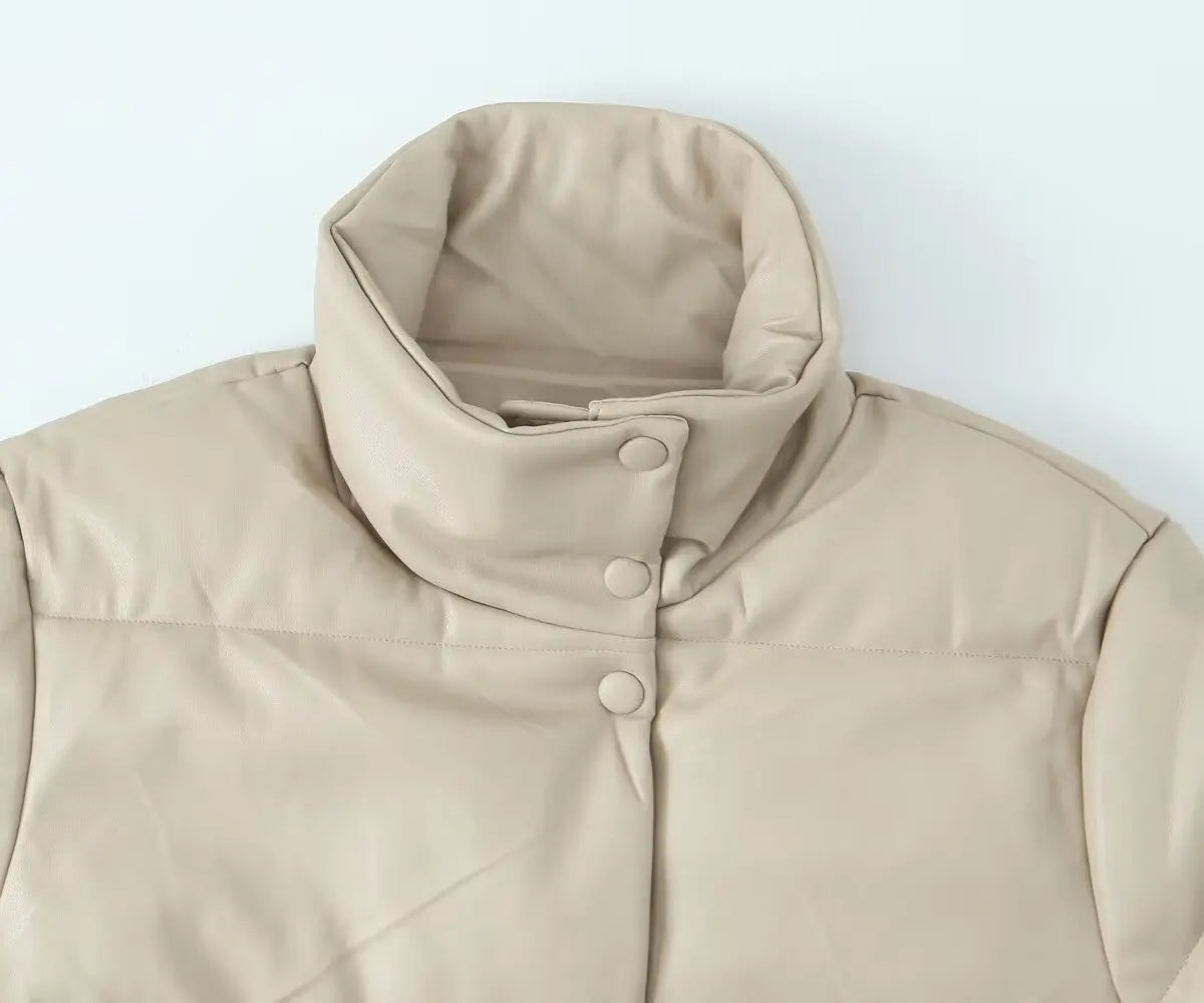 Fashion Black Pu Leather Winter Jacket Women Zipper Thick Warm Cotton Padded Coats Female Stand Collar Short Down Parkas