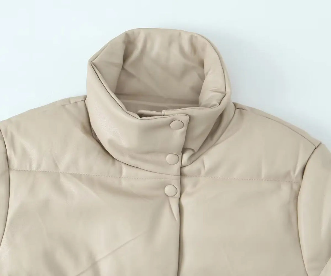 Fashion Black Pu Leather Winter Jacket Women Zipper Thick Warm Cotton Padded Coats Female Stand Collar Short Down Parkas