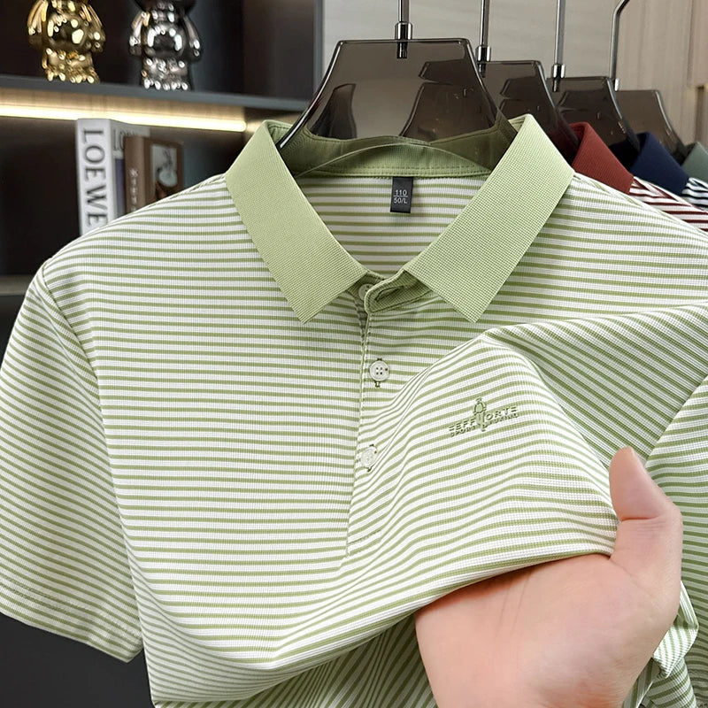 Luxury brand striped short sleeve polo shirt new fashion letter embossed men's T-shirt summer breathable Korean style casual top