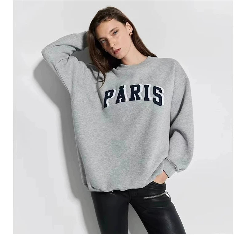 Grey Classic Letter Patch Embroidered Sweatshirt Women Soft Fleece Lining Crew Neck Long Sleeve Sweatshirts Female Autumn Winter - ATFH