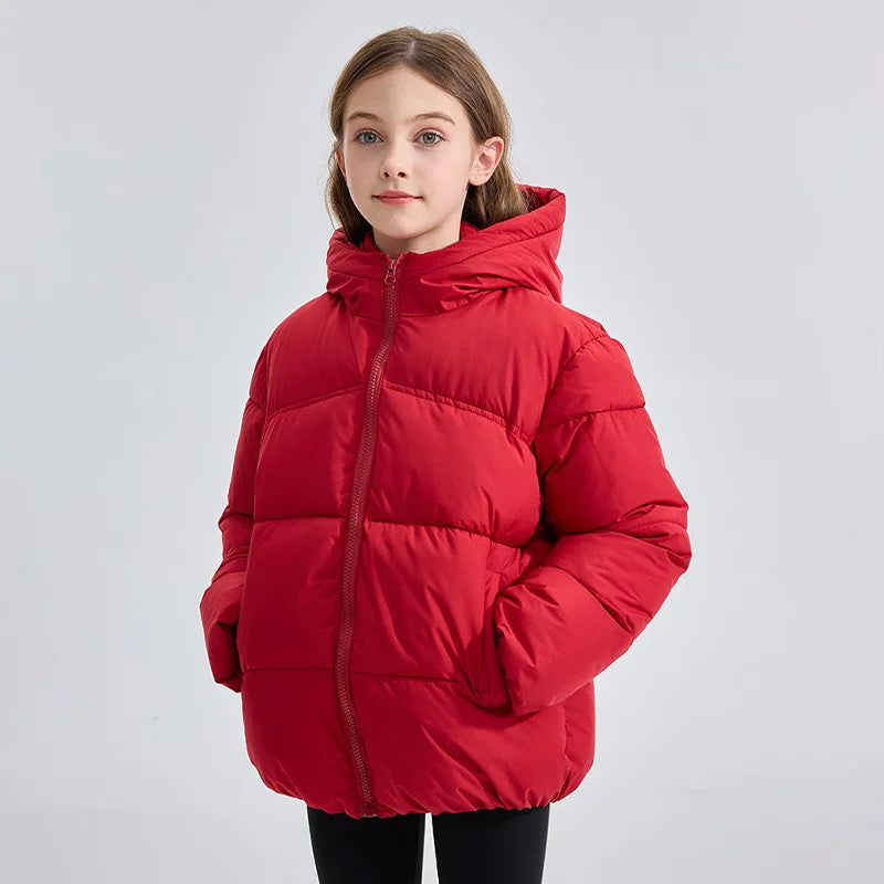 Winter Boys Girls Cotton Down Jacket Solid Windproof Thick Warm Hooded Mid-length Coat for 3-10 Years Kids Casual Outerwear