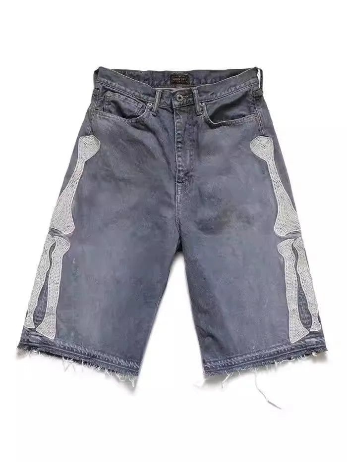 KAPITAL Japan 23SS New Blue-dyed Vintage Washed Loose-fitting Studded Gem Denim Shorts for Men ATFH