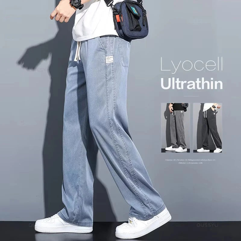 Summer Soft Lyocell Fabric Men's Jeans Thin Loose Straight Pants Drawstring Elastic Waist Korea Casual Trousers Plus Size M-5XL ATFH