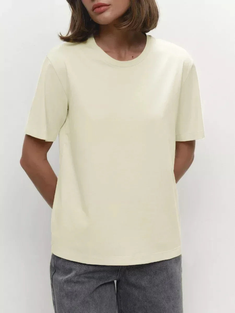 Sumuyoo Summer 100% Cotton Women's T-shirt Bottoming Basic Fashionable Lady Short Sleeve Loose Tops Shirts Solid 230g/㎡ Tops - ATFH