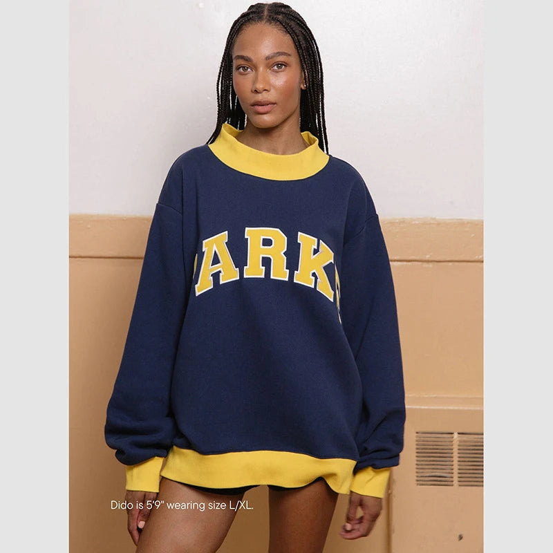 Pink Sweatshirt Women Comfortable Long Sleeve Sweatshirt Autumn Spring High Neck Loose Women's Letter Embroidery Hoodie Pullover - ATFH