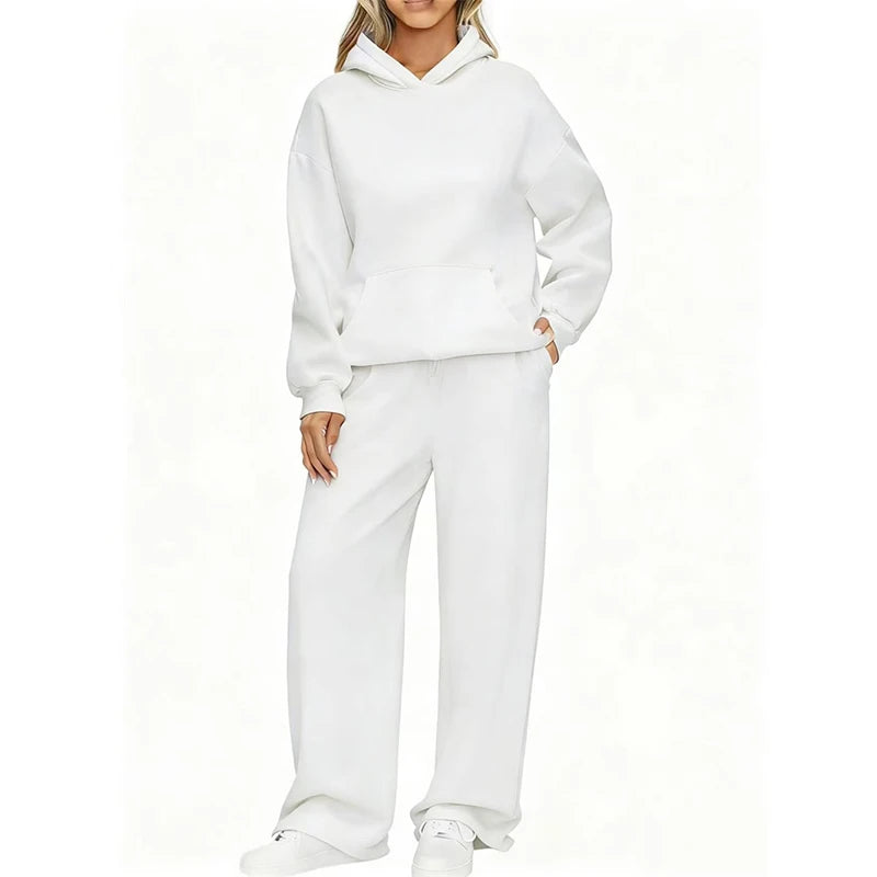 Autumn Winter Women Hoodie+Wide leg pants two pieces Casual pullover loose long sleeve tracksuit comfortable sports Women suit
