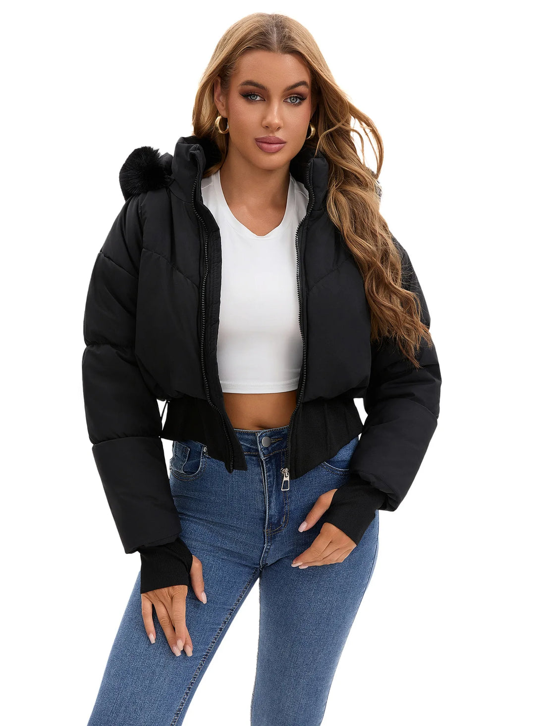 Women's Thickened Warm Cotton-Padded Jacket with Large Fur Collar And Hood Waist-Cinching Style