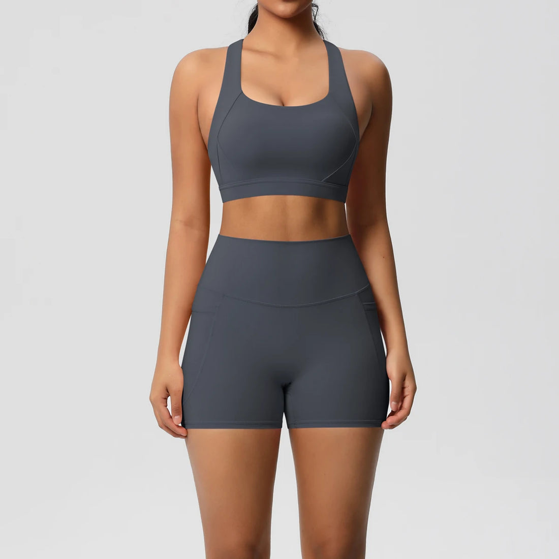 2PCS Sportswear With Pocketed Yoga Set Gym Clothes Yoga Suits For Women Tracksuits Sports Shorts Crossover Bra Gym Leggings - ATFH