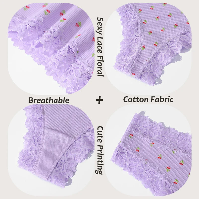 3Pcs Cotton Lace Patchwork Bikini Panties Women Seamless Floral Print Brazilian Pants Low Waist Breathable Female Sexy Lingerie