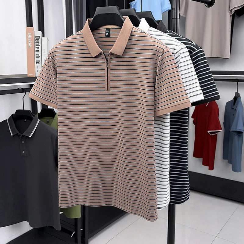 2026Summer Men's Striped Short-sleeved Lapel Zipper Polo Shirt Casual Trend Breathable Light Luxury Half-sleeved Bottoming Shirt